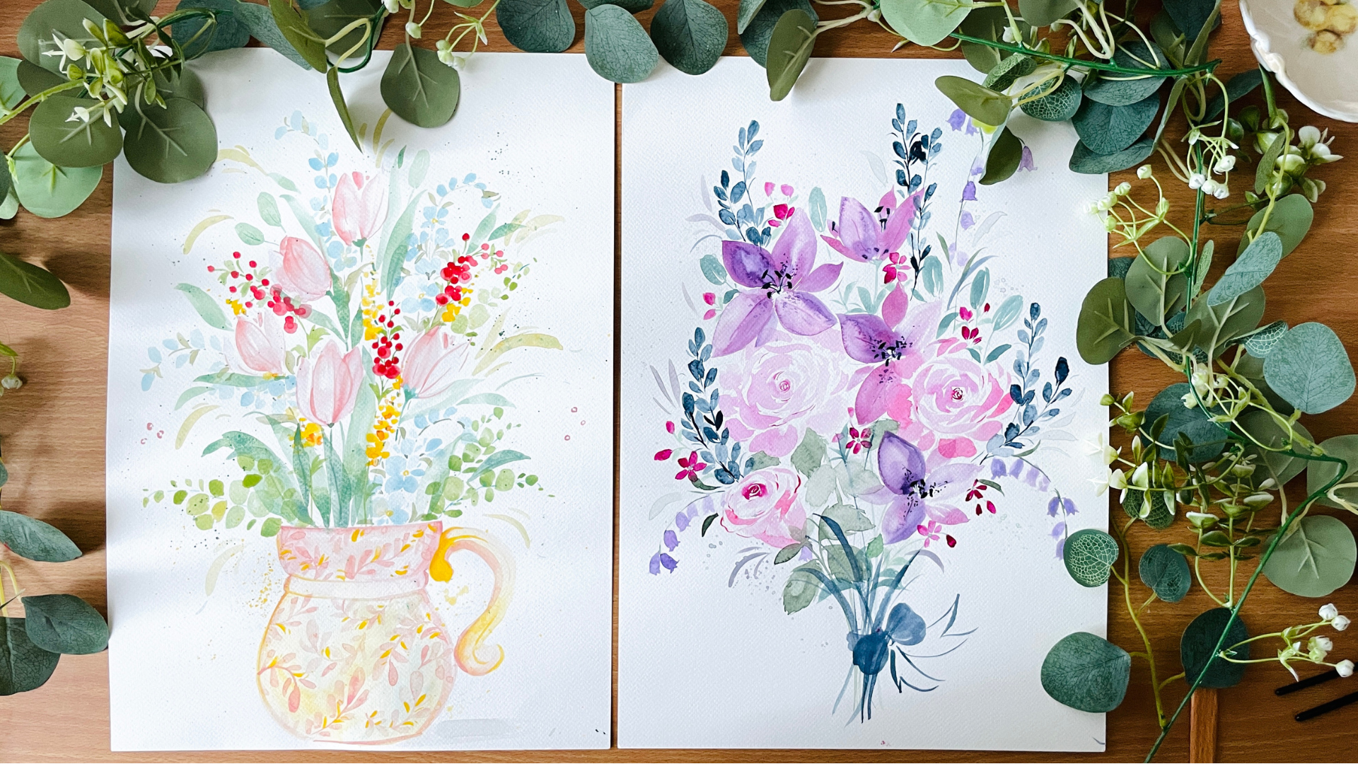 Two floral illustrations on paper with greenery around - Femvisionary painting