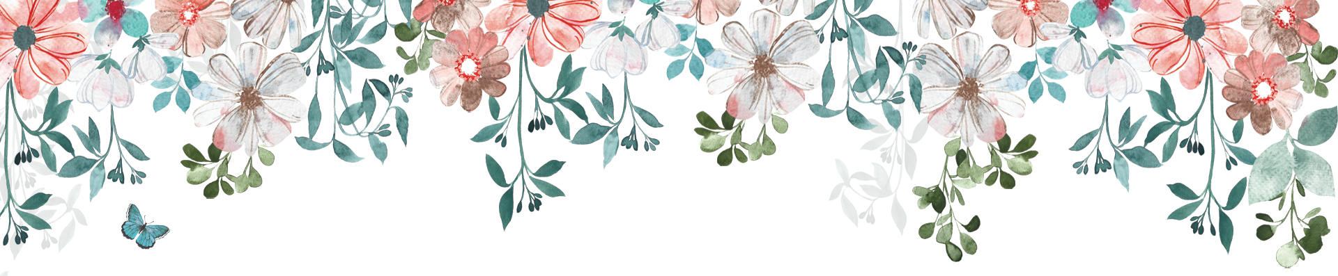 Decorative Watercolor banner with colorful flowers and leaves on a white background