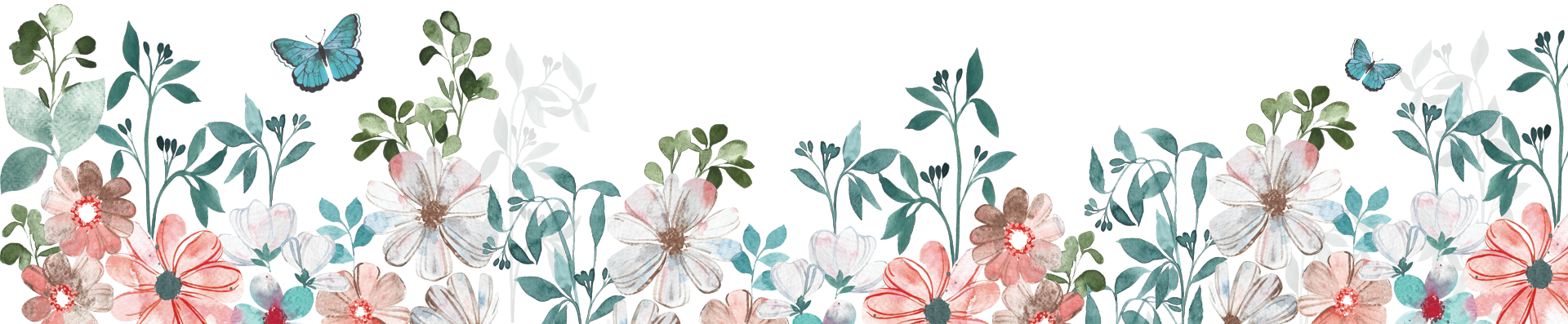 Floral watercolor border with flowers and butterflies on a white background