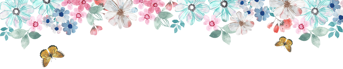 Decorative banner with colorful flowers and butterflies on a white background by femvisionary