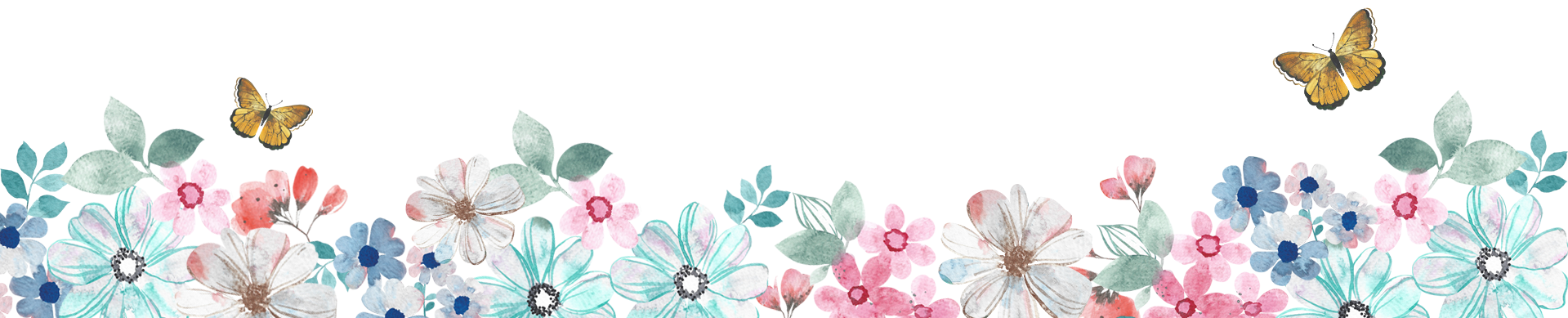 Decorative banner with colorful flowers and butterflies on a white background by femvisionary